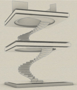 A design for a statement piece, two level natural stone post-tensioned staircase.