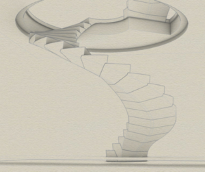 The elegant shape typical of free-standing natural stone post-tensioned staircases
